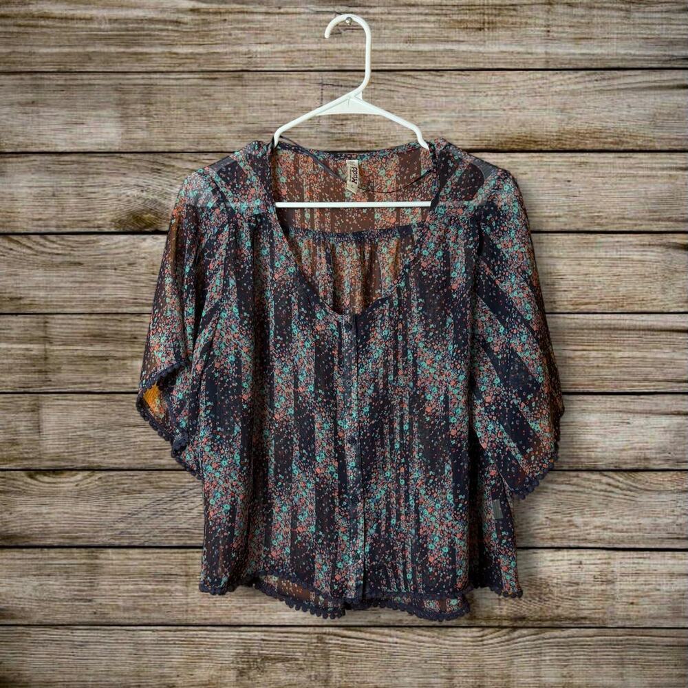 Mudd Women's Whimsigoth Fairy Grunge Boho Floral Summer Coastal Blouse Size L